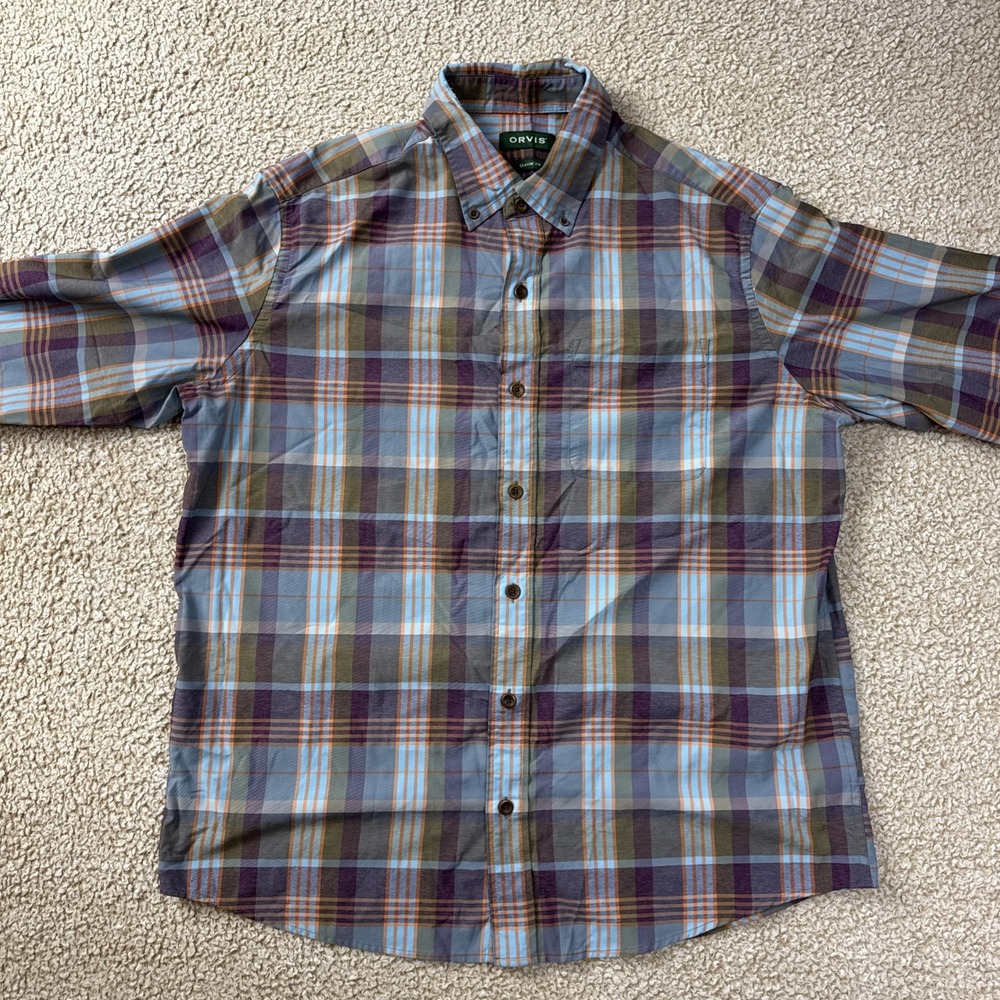 Orvis Flannel Shirt Long Sleeve Light Weight Plaid Blue Classic Fit Men's Large - Picture 1 of 10